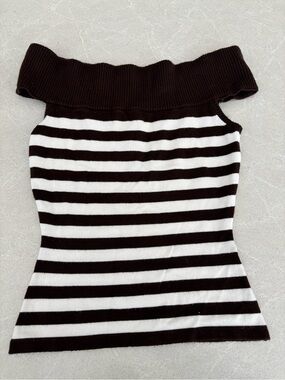 Garage Y2K Brown & Cream Striped Ribbed Off-The-Shoulder Knit Top XS